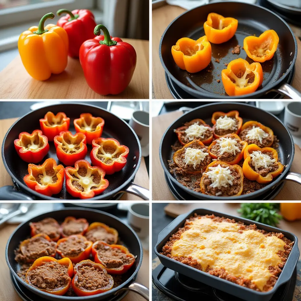 Collage showing the steps of preparing stuffed bell peppers