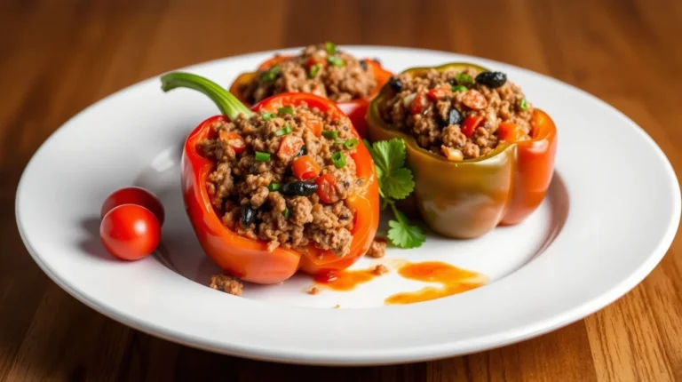 Stuffed Bell Peppers Without Rice plated on a rustic Texas kitchen table