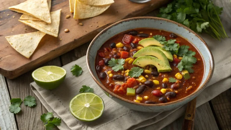 taco soup frios recipe served chilled in a bowl with beans corn avocado and lime