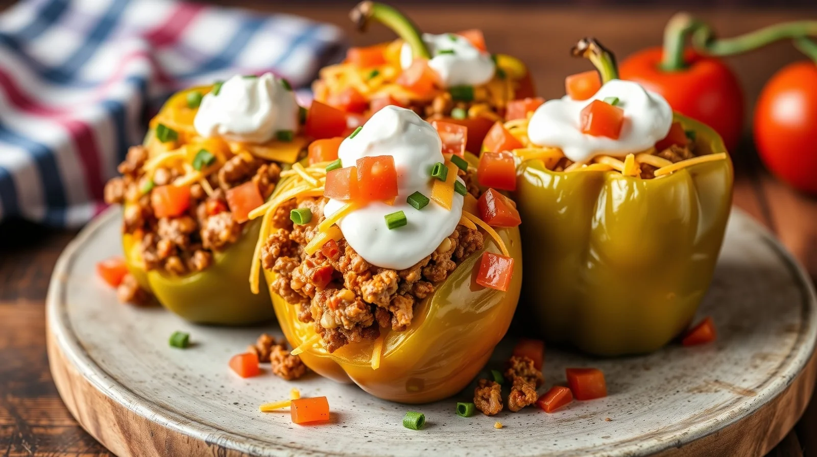Taco Stuffed Bell Peppers plated on a rustic Texas kitchen table
