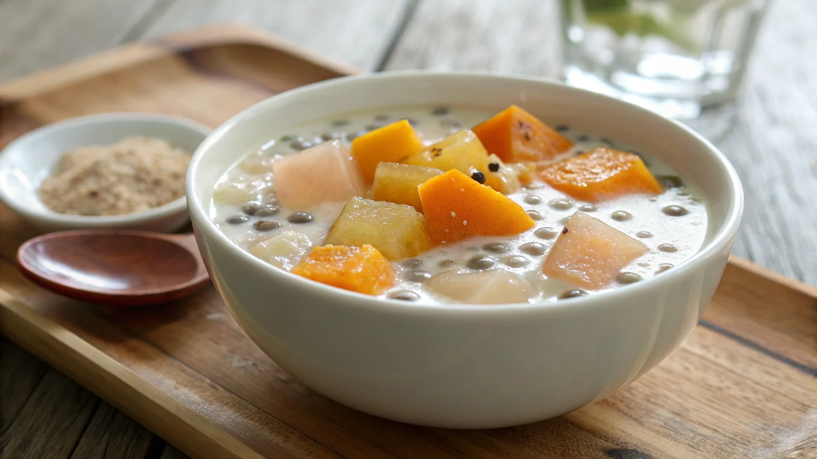 vegan Vietnamese sweet soup dessert recipe with coconut milk and tapioca pearls in a white bowl