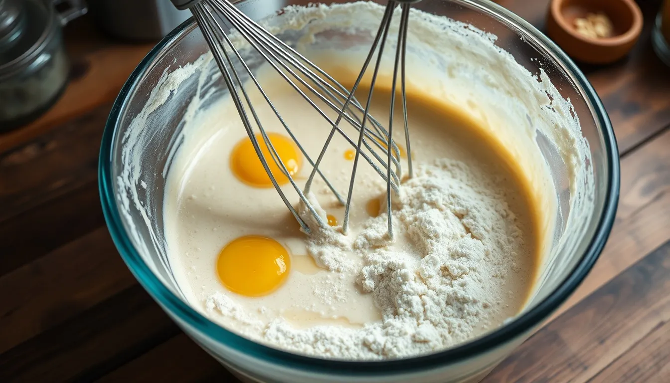 dairy-free waffle batter being whisked in a mixing bowl with flour and eggs