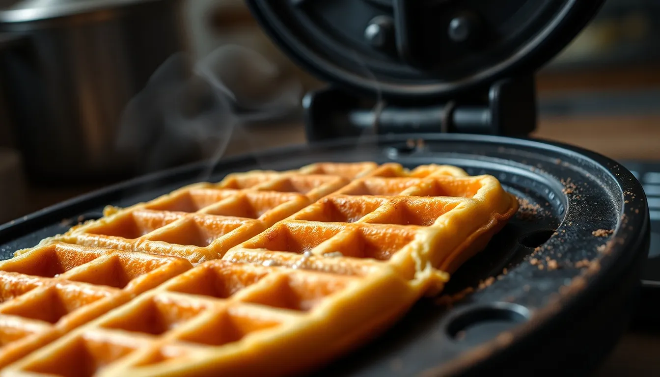 golden waffle cooking in a cast iron waffle iron with steam rising from the edges