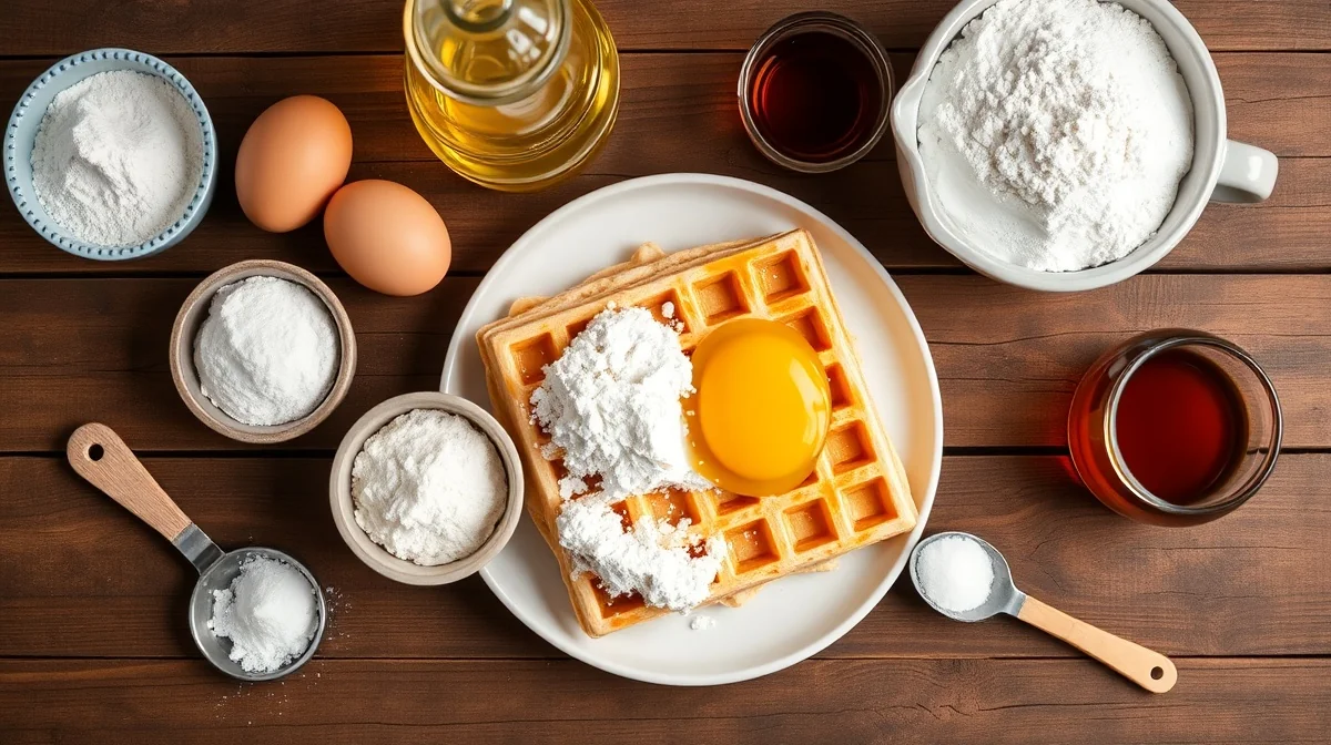 waffle recipe without milk ingredients flat lay on rustic wooden table