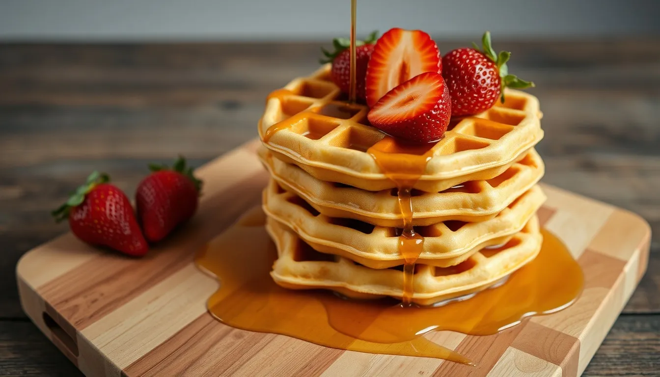 stack of fluffy dairy-free waffles topped with maple syrup and fresh strawberries on a wooden board