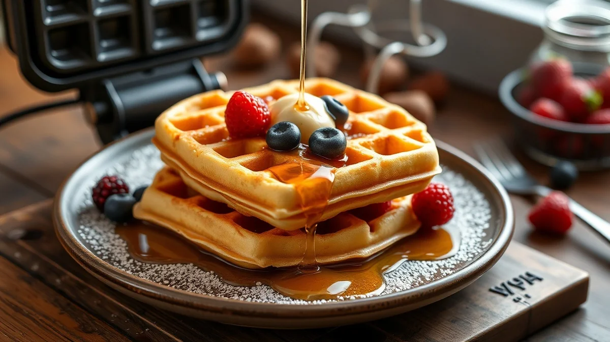 golden fluffy dairy-free waffles fresh from waffle iron with maple syrup and berries
